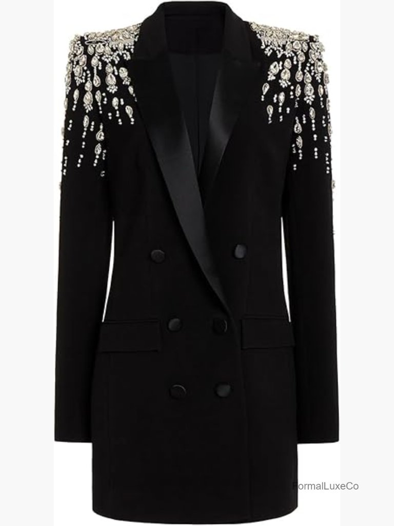 Rhinestone Long Blazer Dress Jacket Luxury Handmade Diamond Satin Collar Double